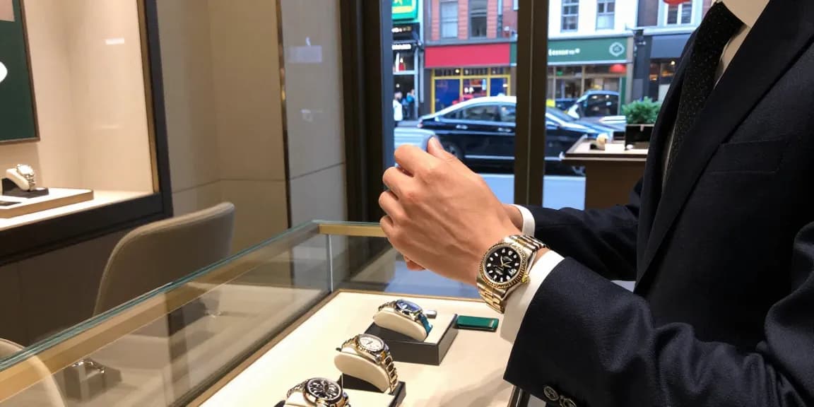 Explore stunning rolex super clone watches displayed in a luxury boutique, showcasing reflection and urban elegance.