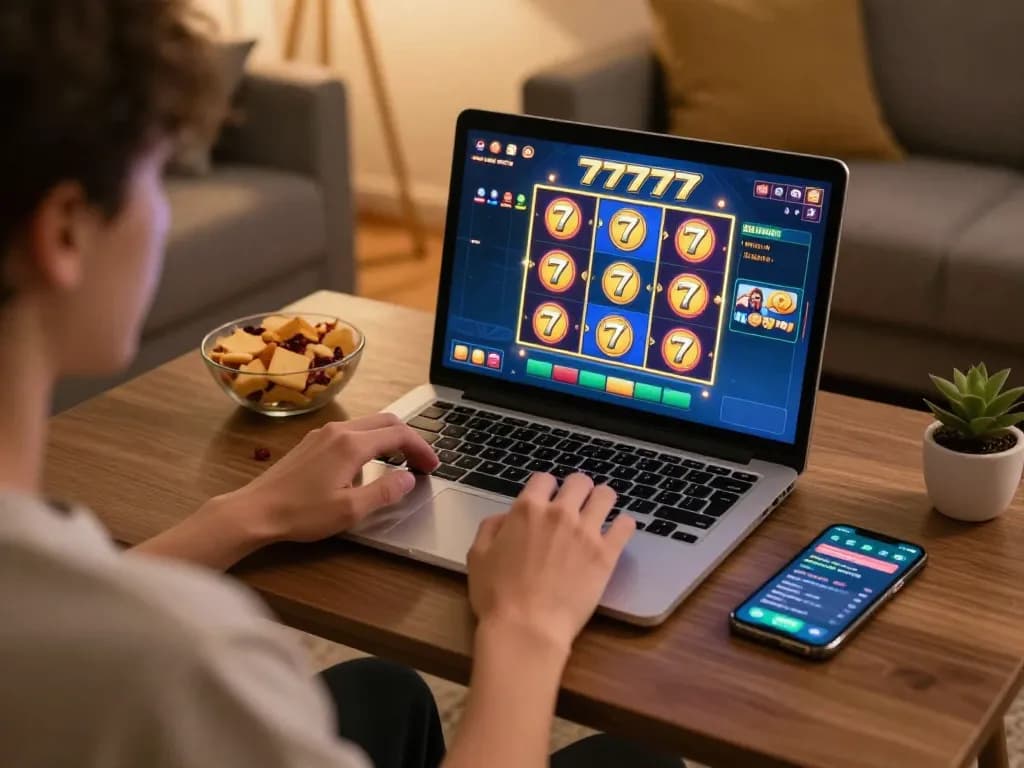 Engaging in slot777 gameplay on a laptop in a cozy living room with snacks and betting options displayed