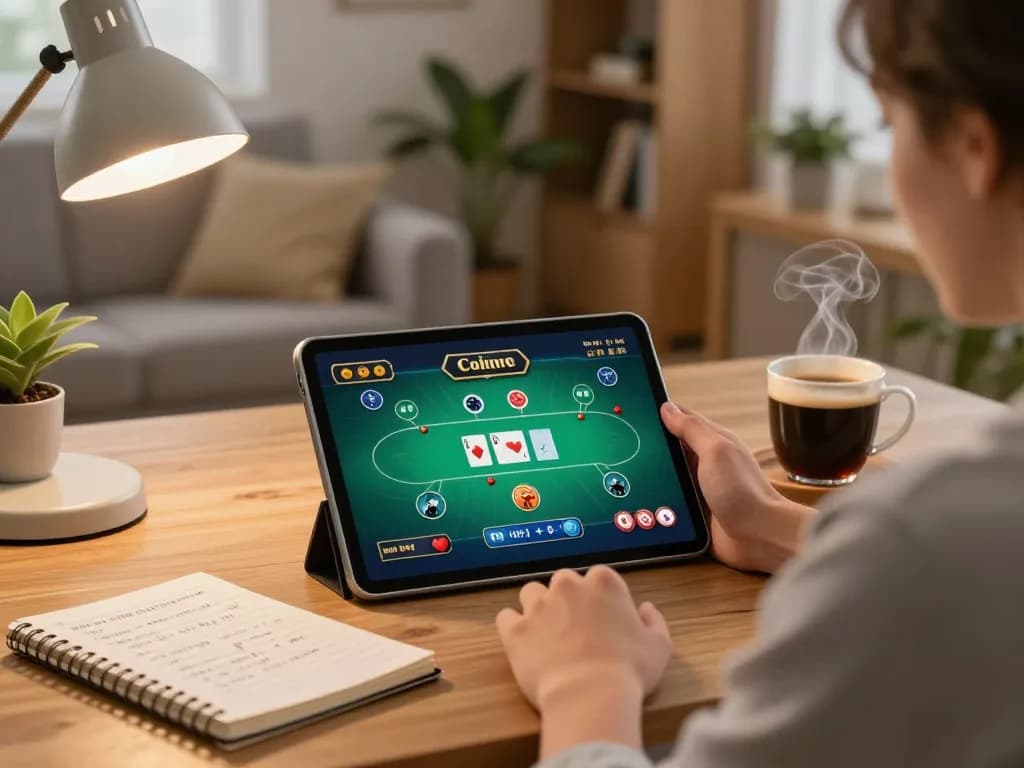 Player engaging with online poker game on 88clbgo tablet, cozy home setup with strategy notes.