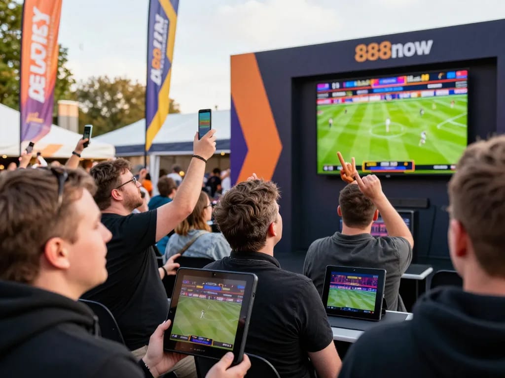 Fans engaging in sports betting with the 888now app, showcasing excitement and community.