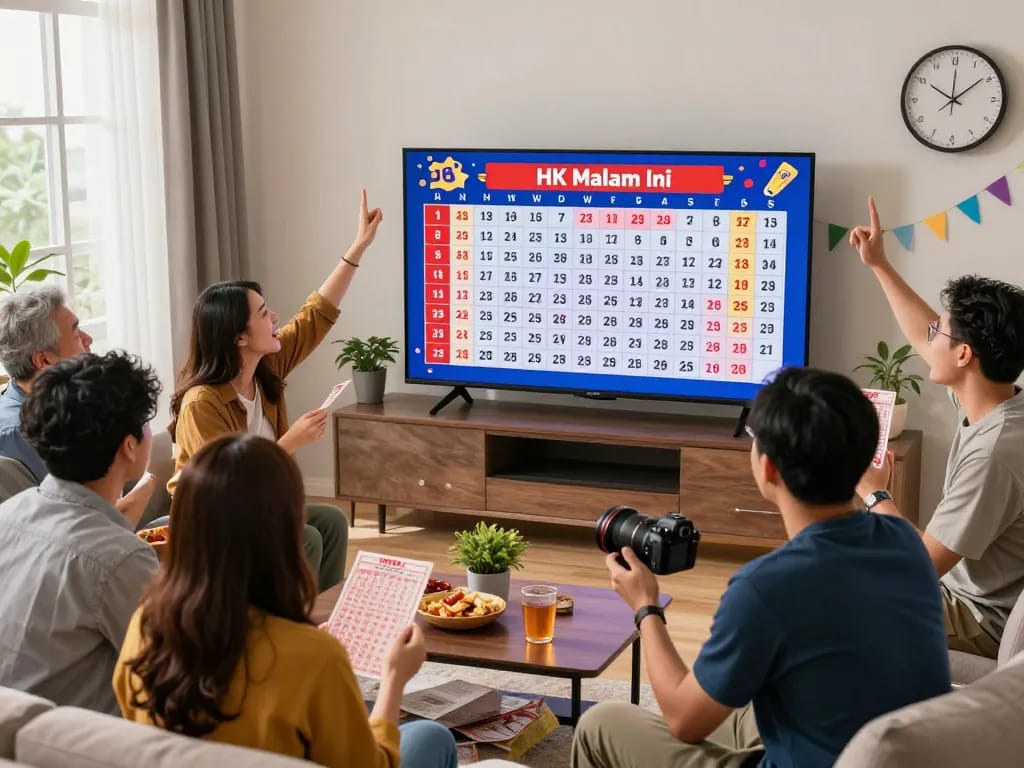 View of excited players watching HK Malam Ini live results with lottery tickets and snacks around.