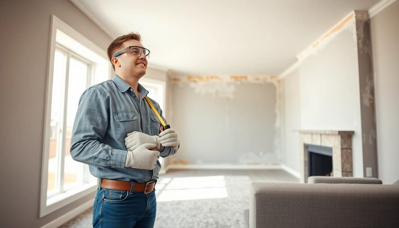 Evaluate spray foam removal estimate in a well-lit living room with a contractor measuring.