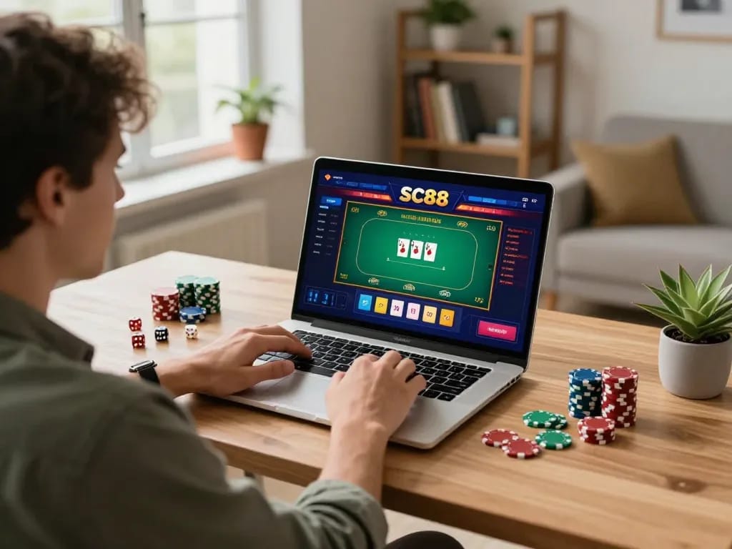 Engaging with the SC88 online casino platform for strategic poker gameplay at a cozy home office.