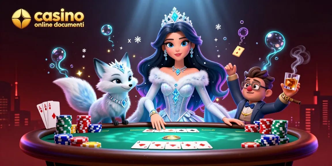 Vivi l'azione del casinò online senza documenti con una scena brillante che presenta tavoli da poker e mani vincenti.
