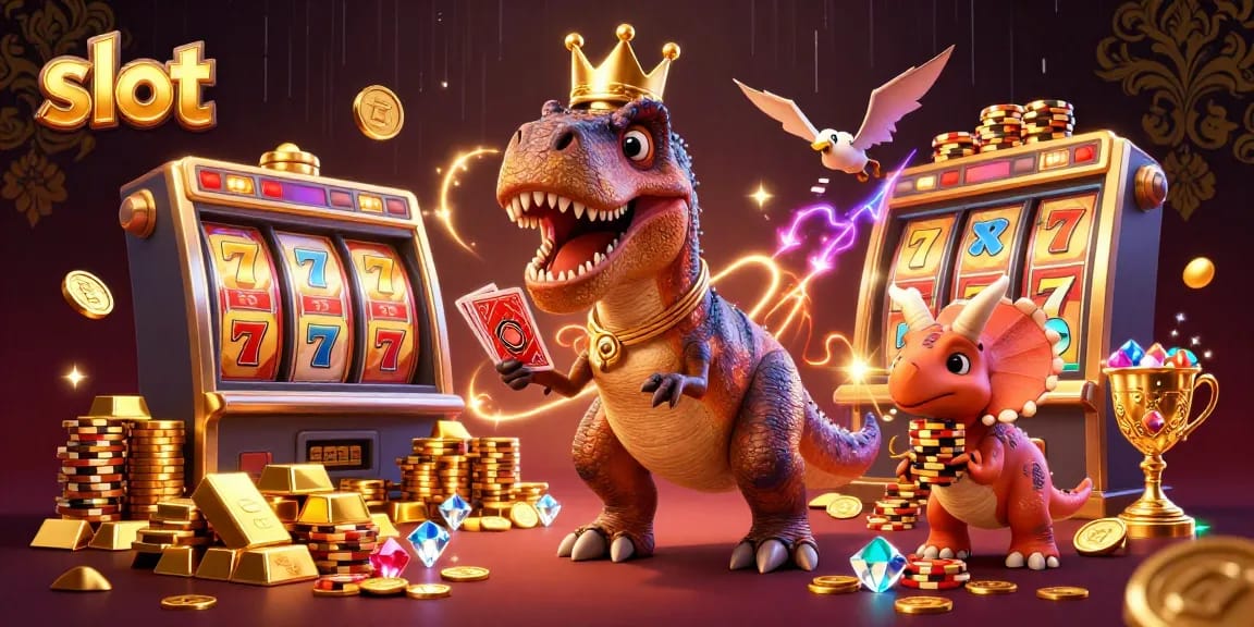 Spin the slot reels with cartoon dinosaurs shuffling cards and stacking golden chips.