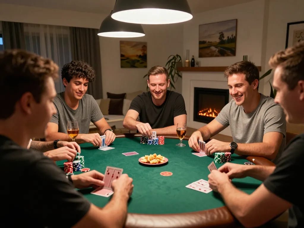 Friends enjoying an engaging poker night with ALO8 themed betting chips in a warm home setting.