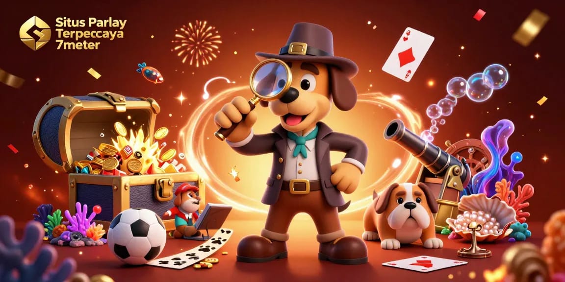 Situs Parlay Terpercaya 7meter showcases a vibrant illustration of a detective bloodhound exploring clues in a colorful setting filled with gambling elements.