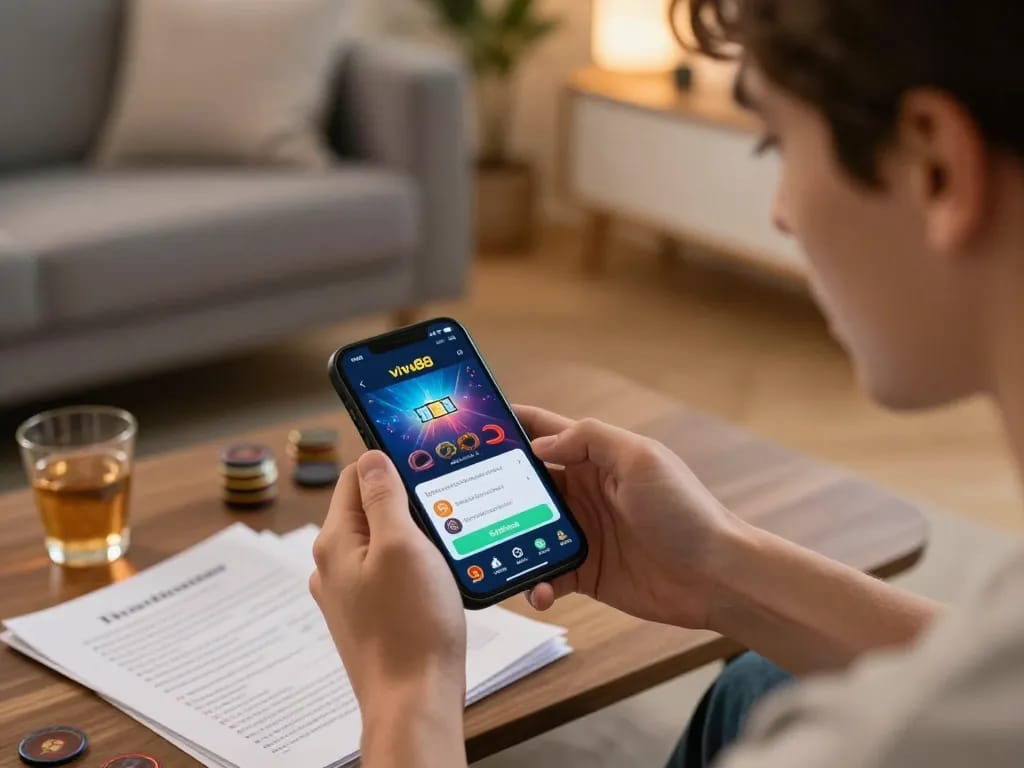 Engaging online gaming session with Vivu88 app on smartphone, showcasing strategic play.