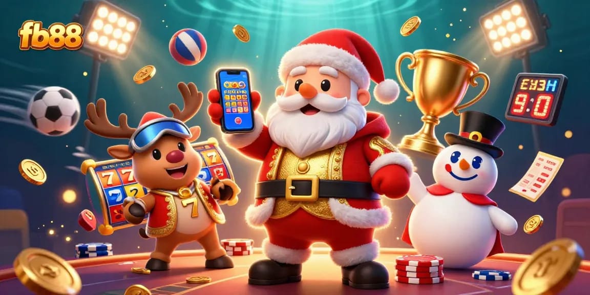 Engage in thrilling gaming action with fb88 through a festive casino illustration featuring Santa, sports elements, and jackpot slots.