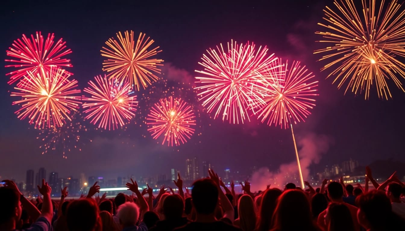 Enjoy stunning fireworks UK display illuminating the night sky with vibrant colors and lively crowd reactions.