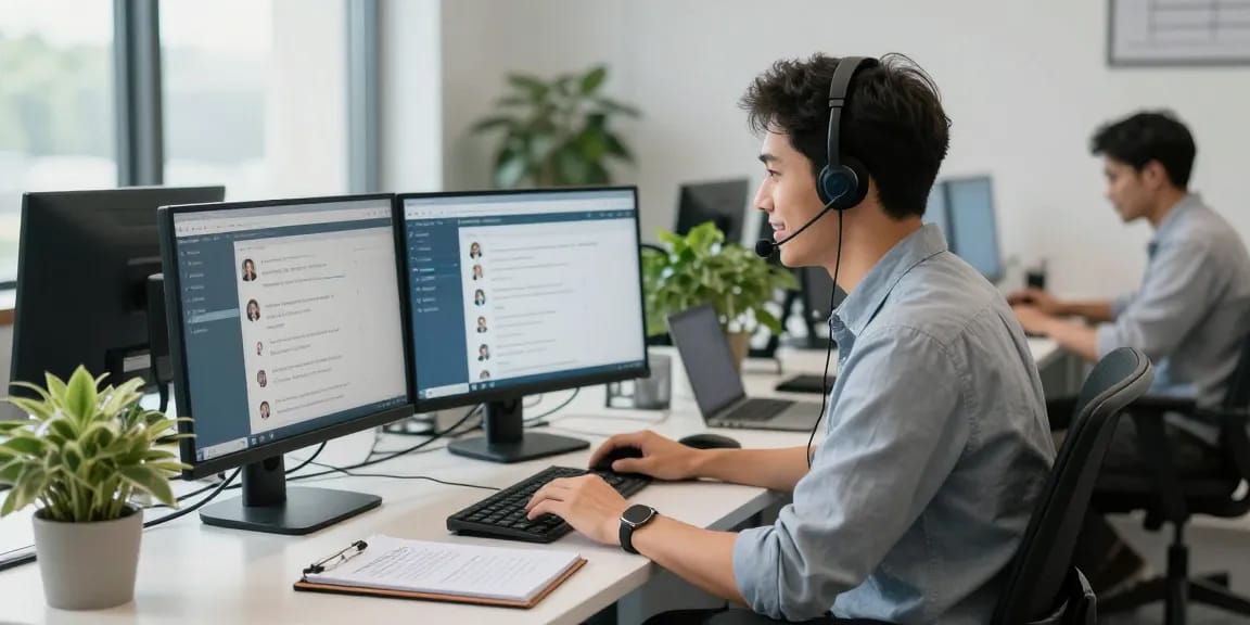 Telus-Technical-Support technician assisting users in a modern tech workspace.