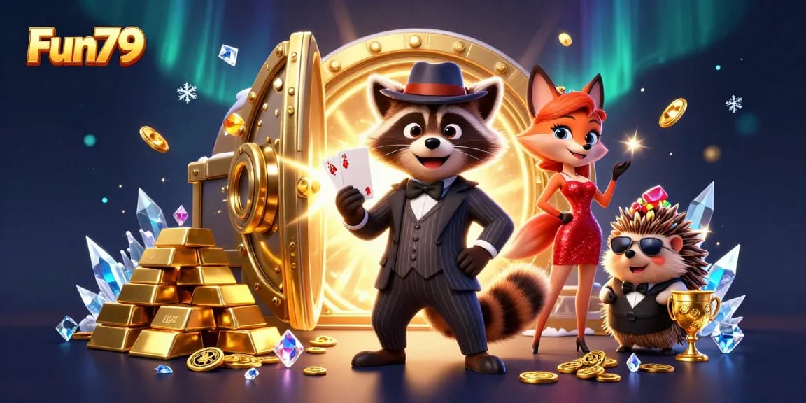 Experience the excitement of Fun79 with a dynamic 3D casino scene featuring captivating characters and treasures.