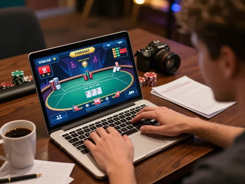 Player enjoying viral4d online poker gameplay while strategizing and betting, cozy home setup showcasing personal elements.