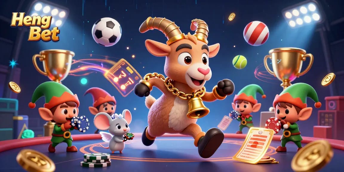Engage in thrilling gameplay at Heng Ong Bet with festive casino characters and dynamic sports elements.