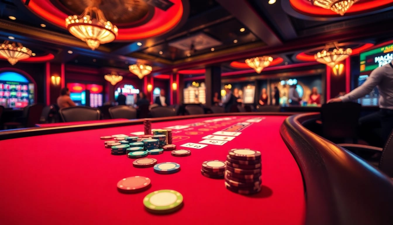 Permainan kasino bbni4d yang mendebarkan di meja poker dengan warna cerah dan pemain antusias.