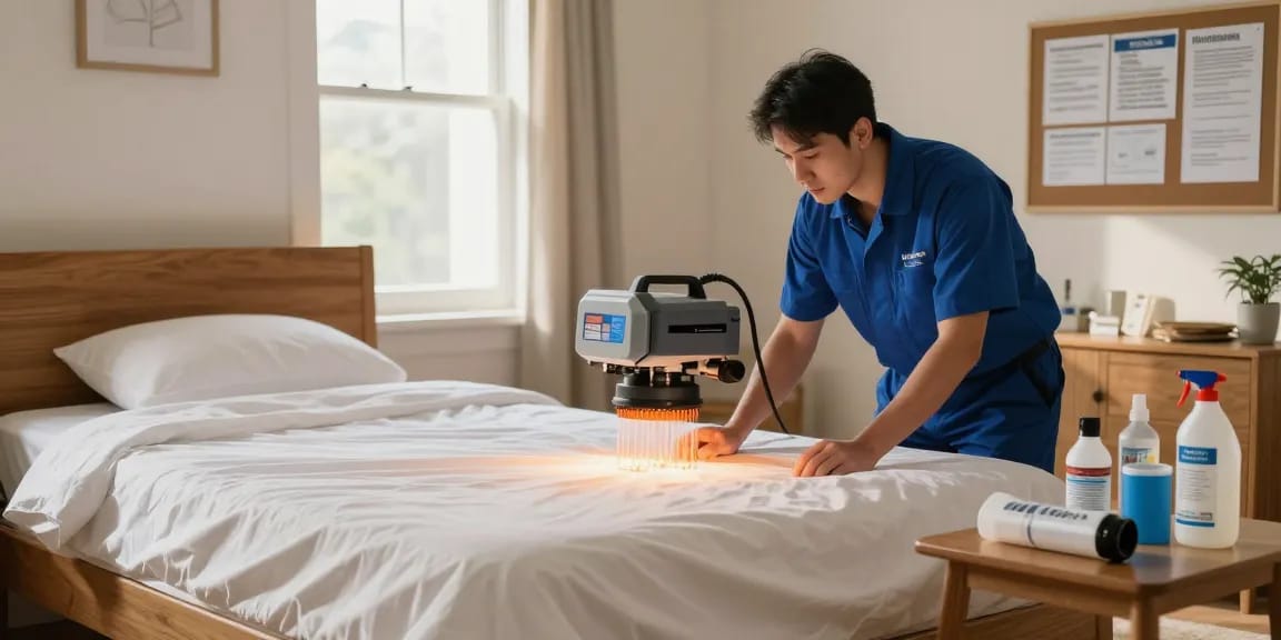 Bed bug heat treatment in action, professional technician ensuring effective pest control in a cozy bedroom.