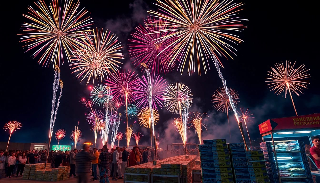 Engaging display of wholesale fireworks lighting up the night sky.