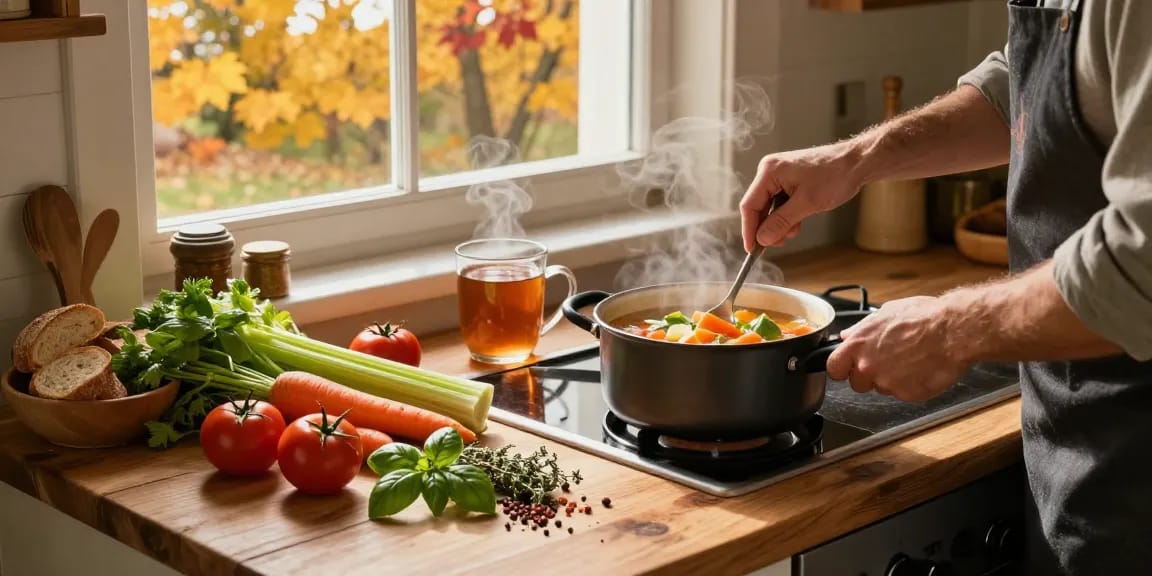 Leckere Zubereitungsszene für Gemüsesuppe, ideal für alle, die Suppe kaufen für gemütliche Herbstmahlzeiten.
