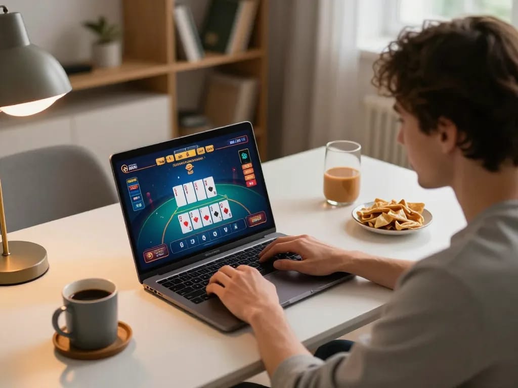 Leading with ledak338, a player engages in online poker with strategic gameplay in a cozy home office