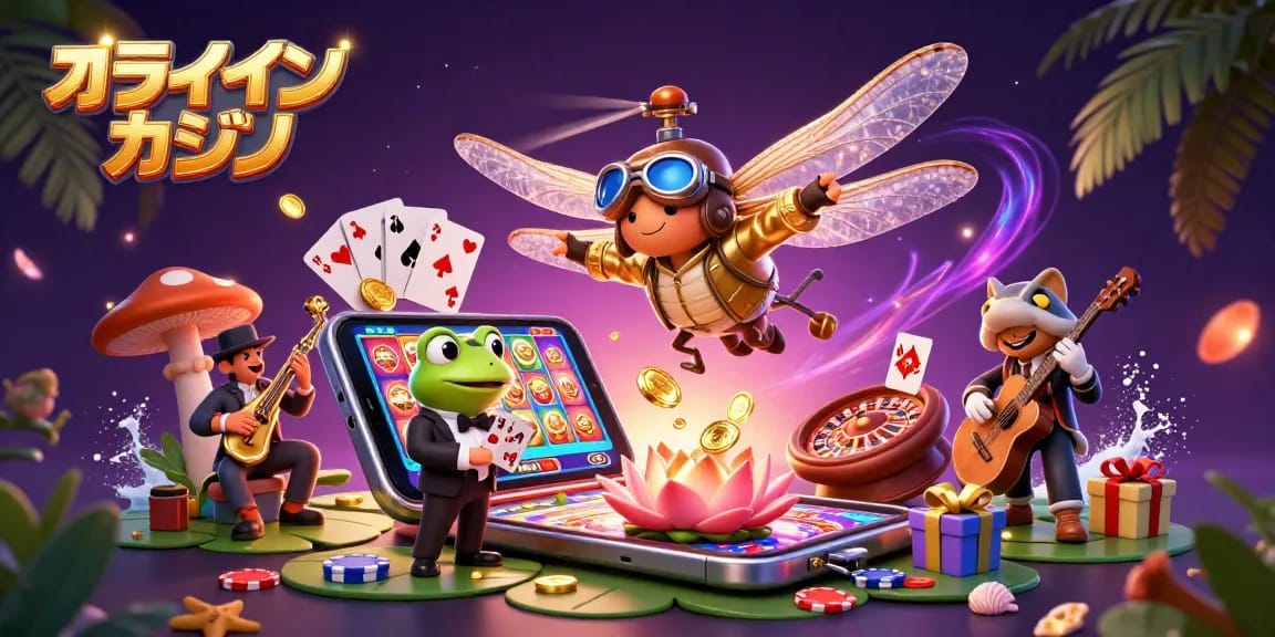 オンラインカジノで楽しく遊ぶ風景を描いたイラスト、スロットゲームやカードのディーラーが登場します。