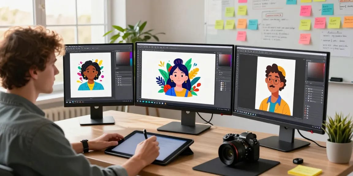 Nano Banana Pro AI Editor in a modern workspace, showcasing vibrant designs on multiple screens, highlighting advanced digital creativity.