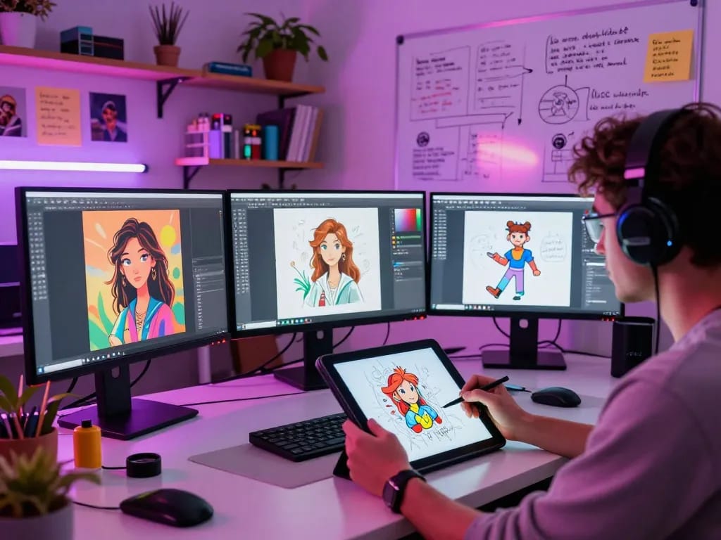 Engaging workspace of an NSFW AI artist showcasing vibrant creative elements.