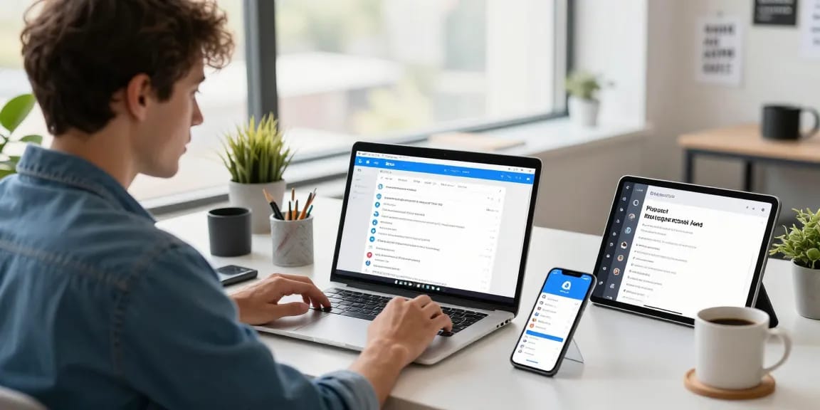 Engaged user navigating telegramin-cn.com on multiple devices in a modern tech workspace.
