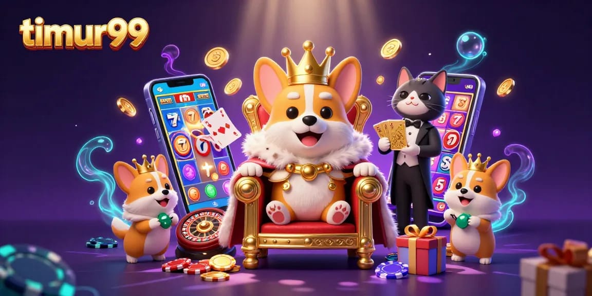 Experience thrilling wins with timur99 in this vibrant casino scene filled with playful corgis and exciting game elements.