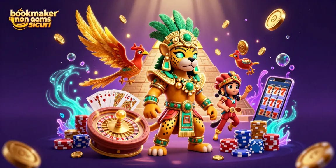 Giocando sui bookmaker non AAMS sicuri, con simboli di fortuna e giochi avvincenti in un'illustrazione vibrante.