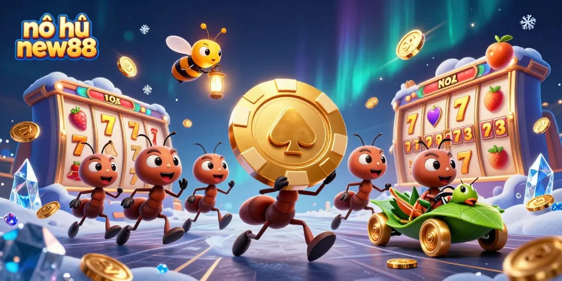 Spin the reels on nổ hũ new88 with a vibrant 3D illustration showcasing dynamic characters and game elements.