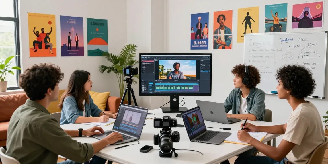 Seedance AI-powered video production team collaborating in a vibrant studio setting with innovative technology.