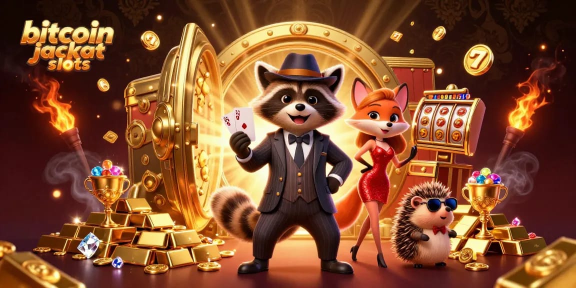 Engaging scene of bitcoin jackpot slots featuring a raccoon in a suit, a fox in sequins, and a hedgehog bouncer.