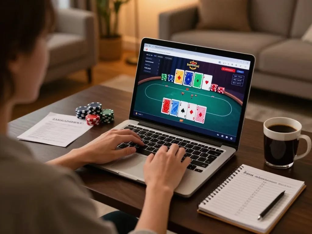 Engaged player utilizing ax88 online gaming features on a laptop in a cozy room.