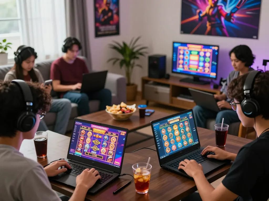 Players engaging with slot gacor games in a cozy home environment, highlighting excitement and community.