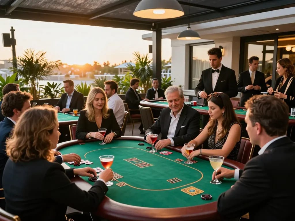 Boca Raton Construction Litigation Lawyer engaging with clients over a poker table in a luxury casino setting.