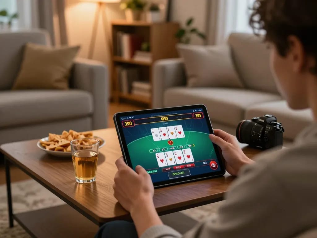 Engaging in online blackjack at home on 888vnd with cozy setup and live dealer action.