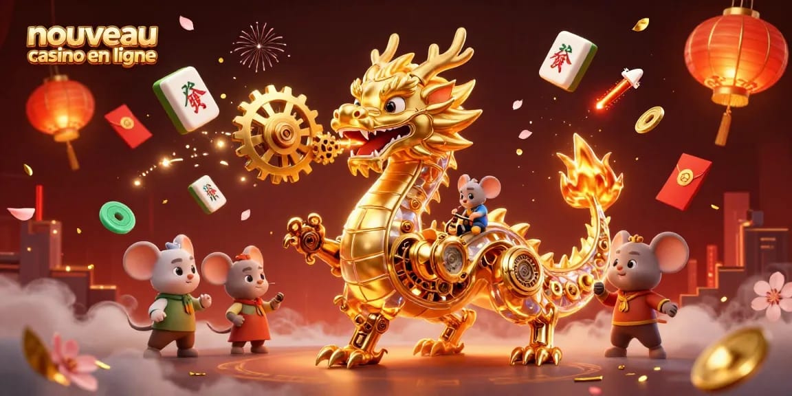 Découvrez le nouveau casino en ligne avec un dragon doré et des éléments festifs.