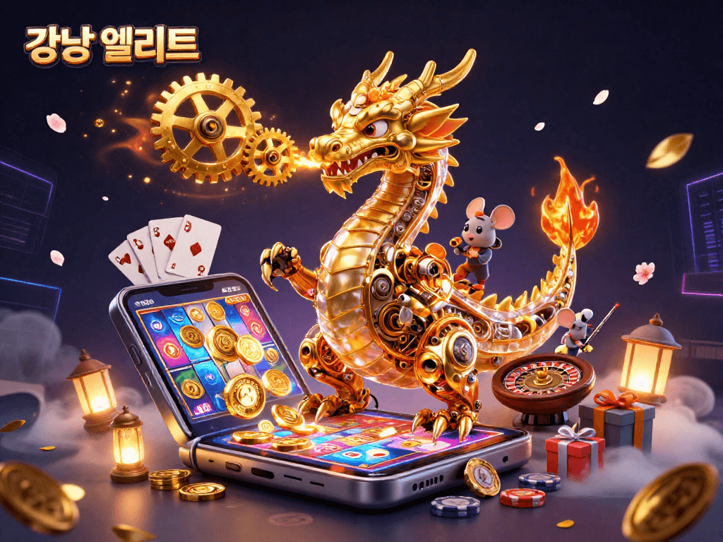강남 엘리트에서 화려한 슬롯 게임을 즐기는 생동감 넘치는 장면과 금색 드래곤의 조화