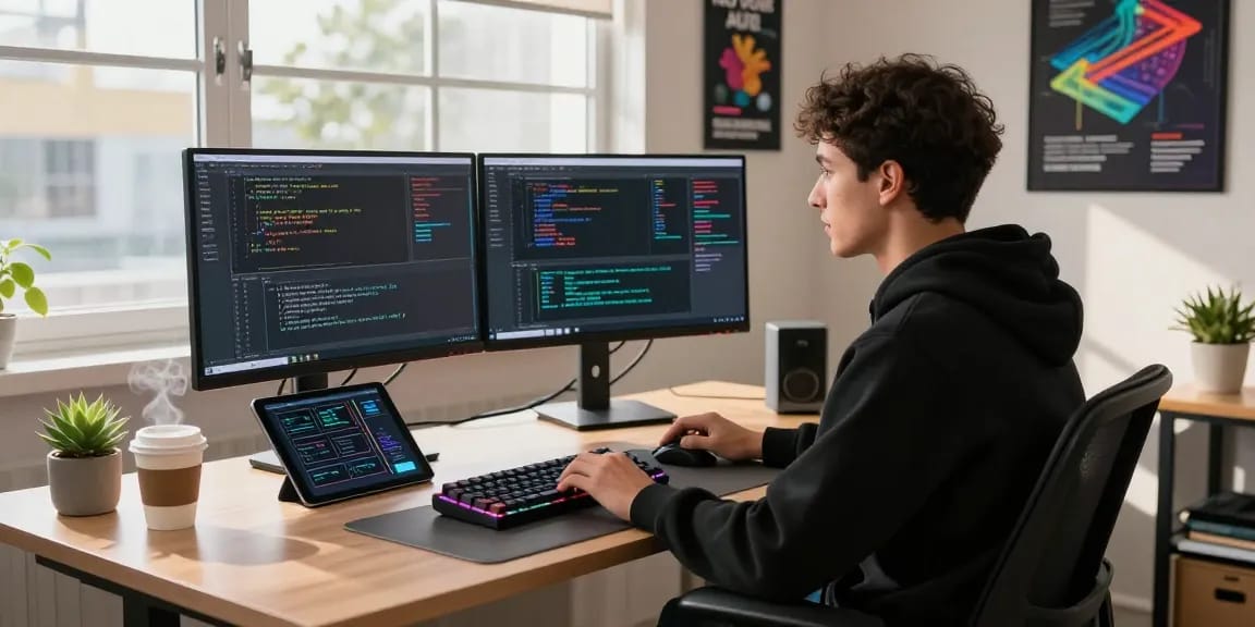 openclawd software developer in a modern tech workspace with dual monitors, code, and gadgets