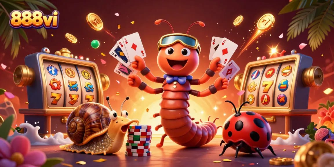 Engage with 888vi's thrilling casino experience, showcasing colorful slot machines and vibrant characters.