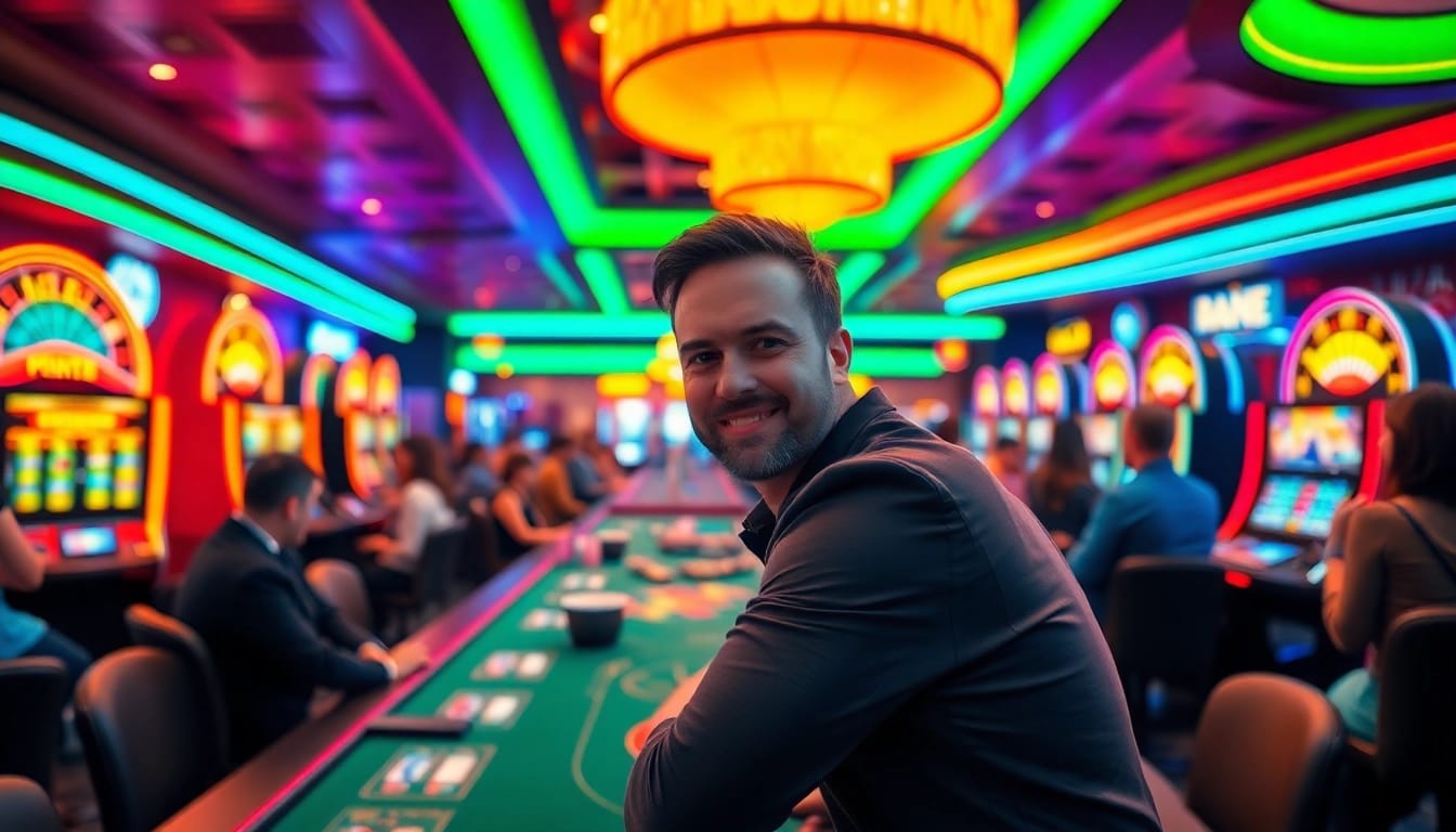 Vegas hero engaging players at a vibrant casino table amidst exciting games.