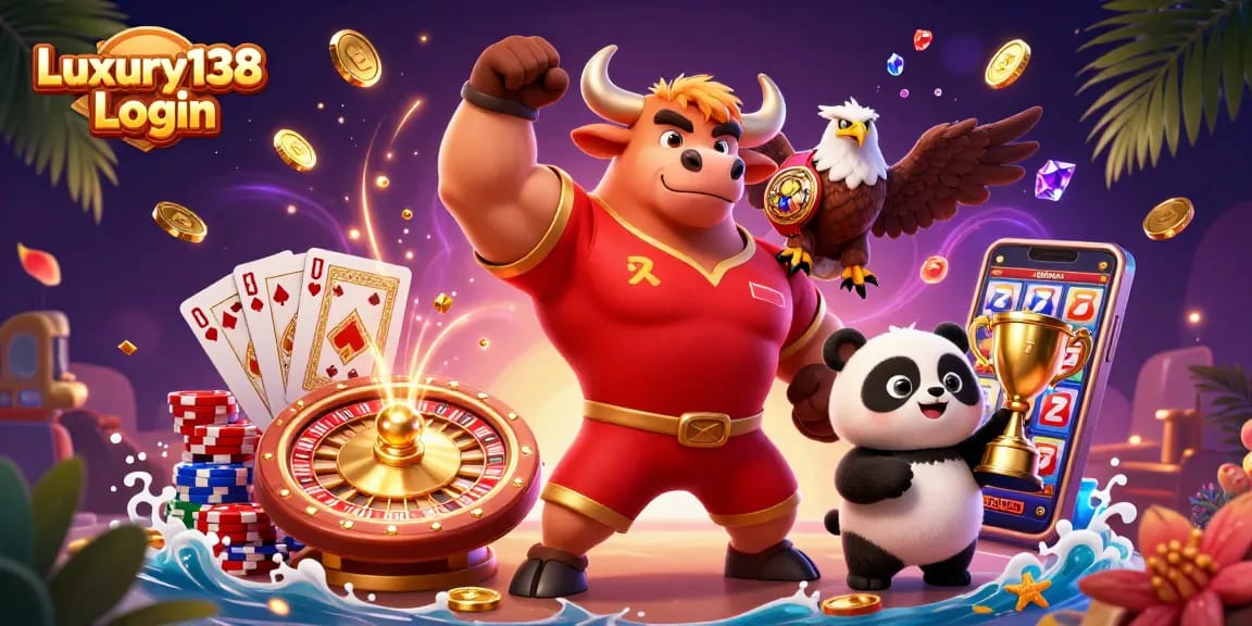 Boost your chances with Luxury138 Login at a vibrant casino scene featuring energetic characters.