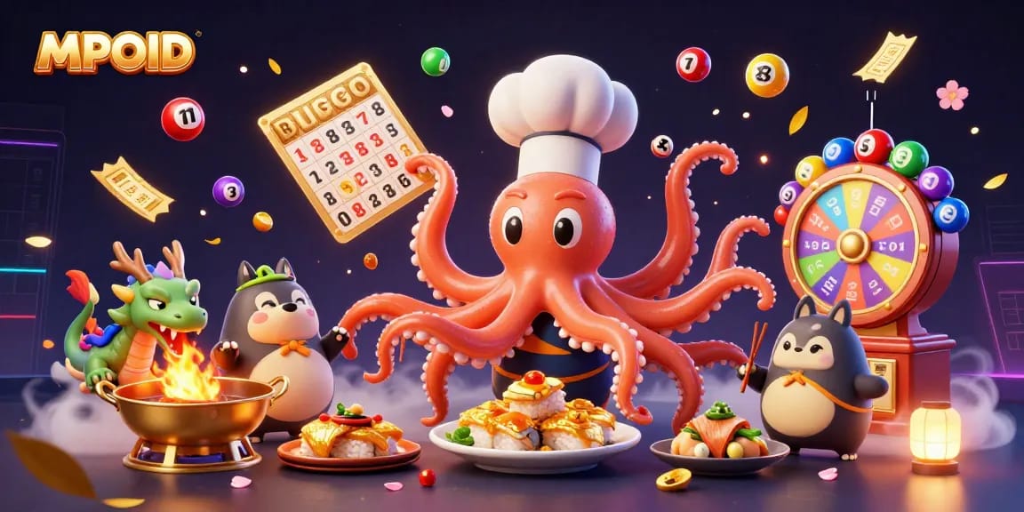MPOID offers thrilling gaming with vibrant colorful elements, featuring dynamic lottery balls and charismatic characters.