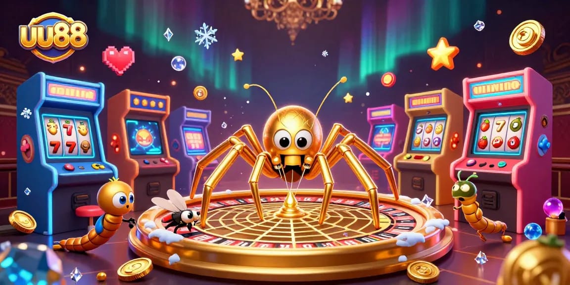 uu88 a 3D golden spider spins a roulette wheel web as a fly nervously bets in a vibrant casino scene