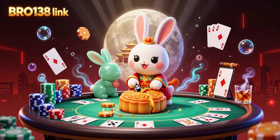 Experience the thrill of BRO138 link with a vibrant 3D moon rabbit casino scene and poker elements.