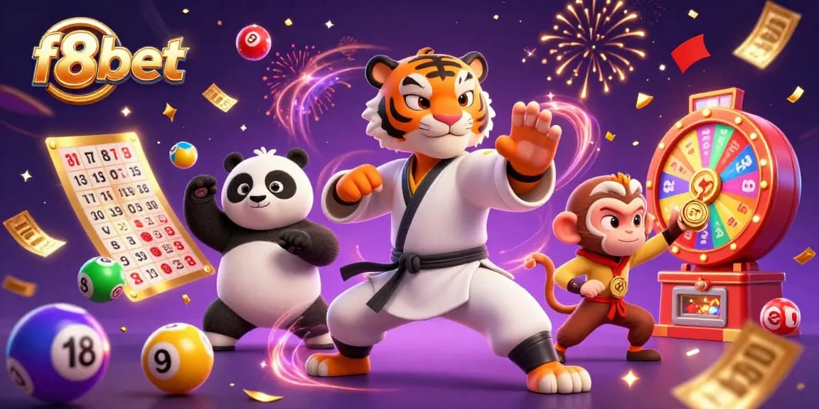 Win big with f8bet as kung fu characters gather in a bustling 3D casino scene.