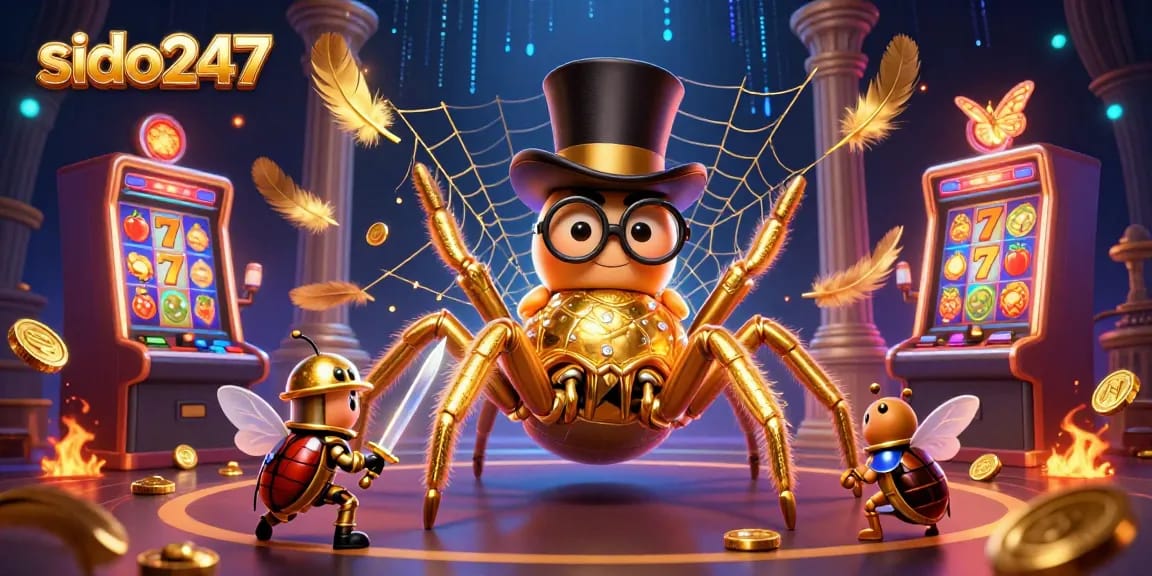 Engage in the thrilling world of sido247 with a brave beetle knight facing a golden tarantula in an animated casino battle.