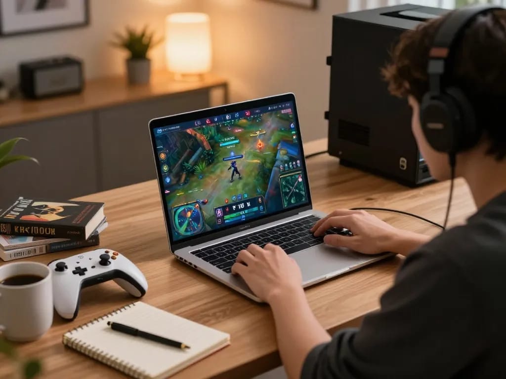 Gamer enjoying kpk100 online gaming tournament on laptop in cozy home environment