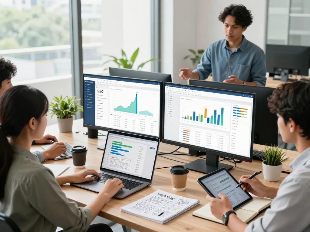 Group buy SEO tools professionals collaborating in a modern workspace for digital marketing strategies