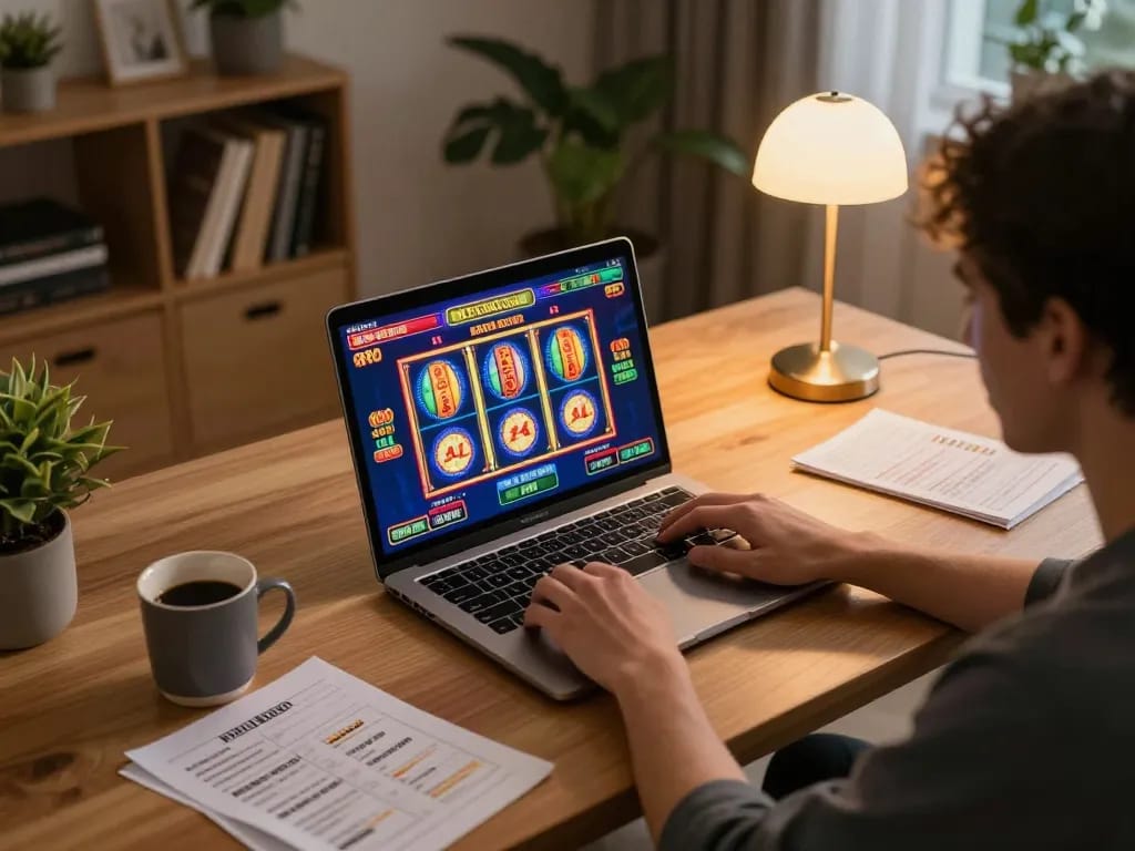 Engaged player enjoying an online gaming session at pintu888top, focusing on colorful slots interface.